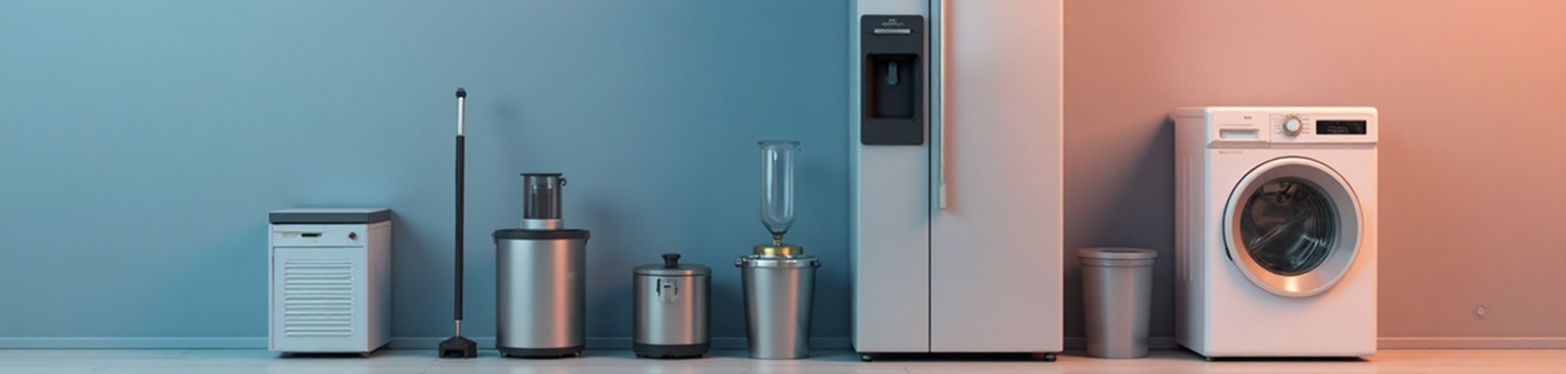 Background image showing vacuum cleaner, washing machine, oven with microwave on top, and refrigerator in a modern home appliance setting with gray wall and tiled floor